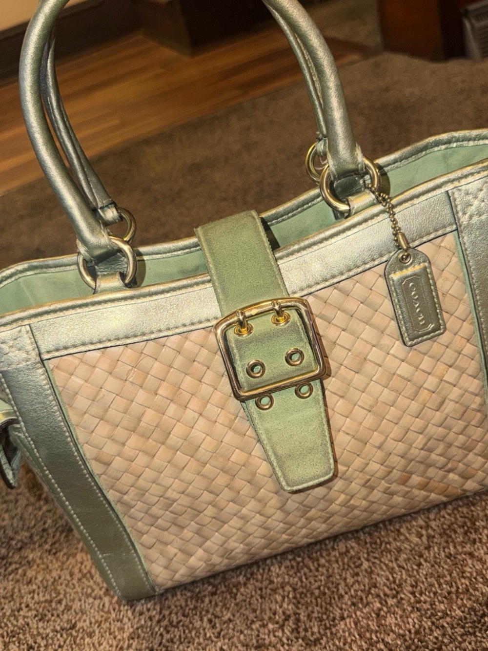 Coach Metallic Mint Green and Beige Woven Satchel